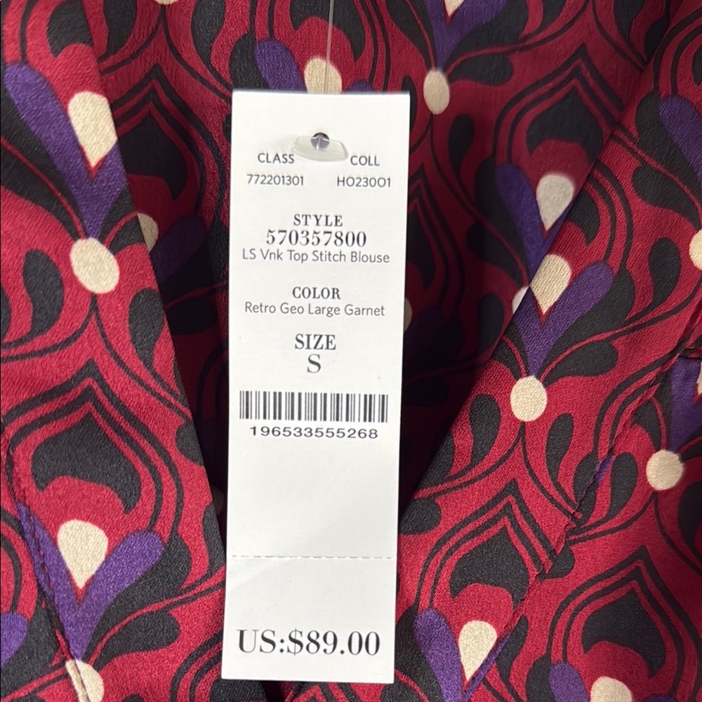 WHBM V-Neck Long Sleeve Printed Blouse - Burgundy Multi Small - Picture 12 of 15